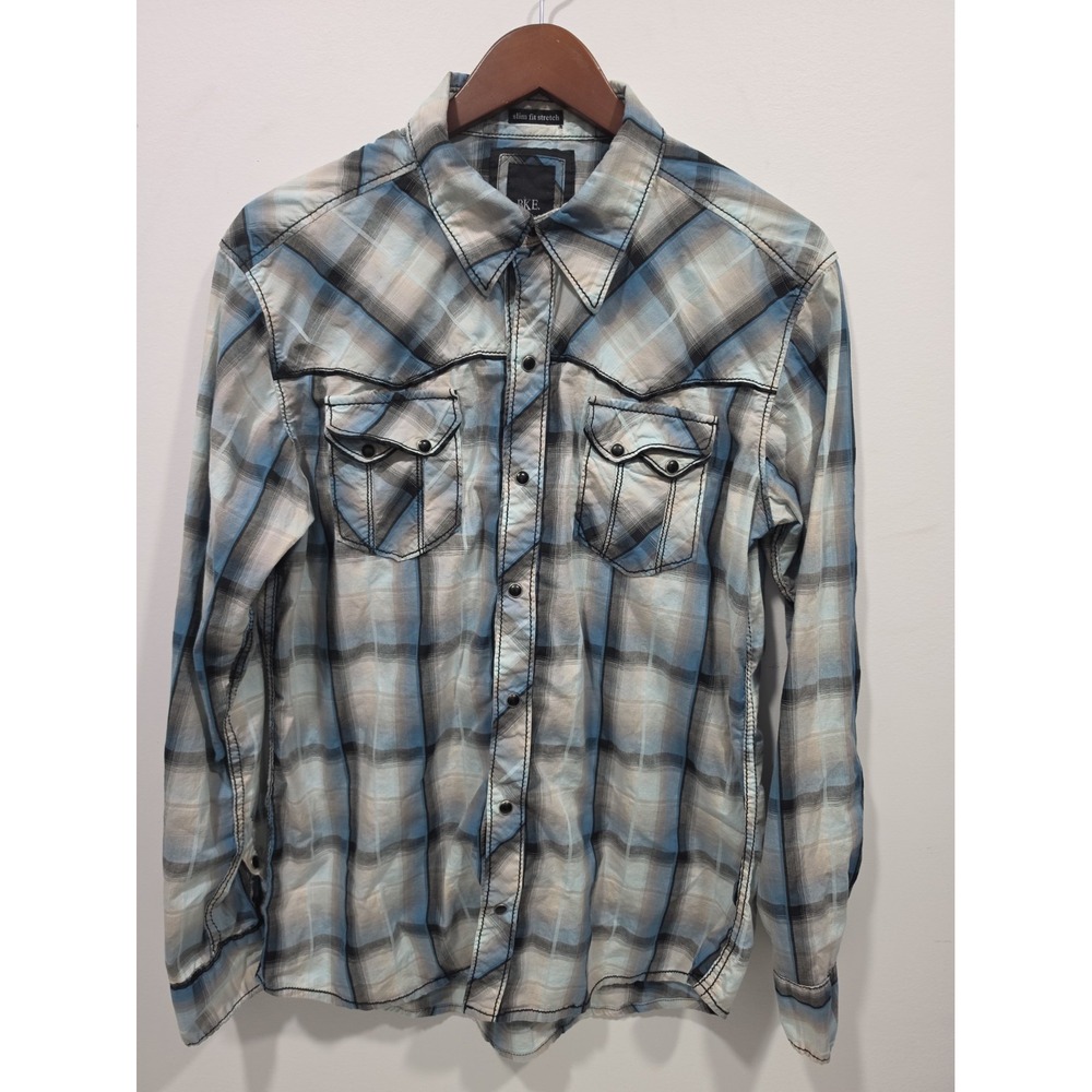 Bke Slim Fit Large Mens Button Up Shirt Western Rodeo Cowboy Plaid Long Sleeve